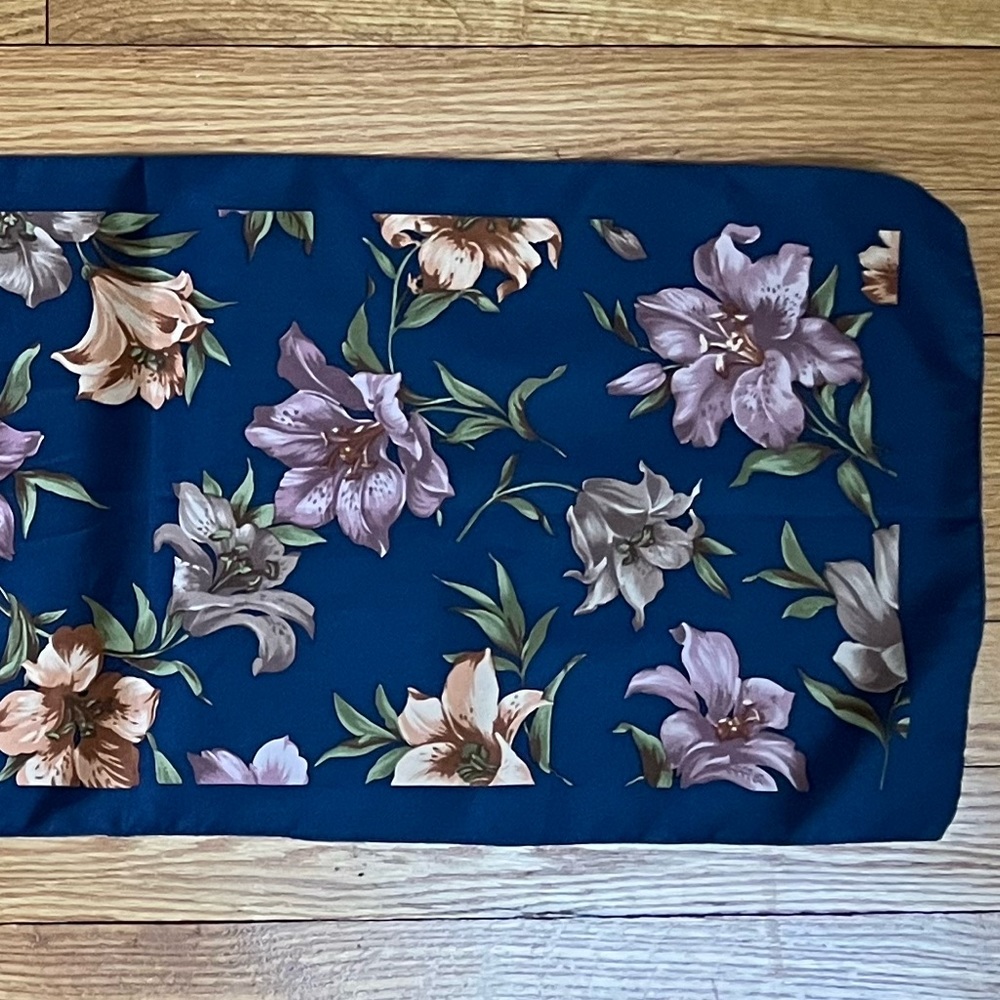 Gorgeous Silky Scarf Deep Blue w Pink Lilies sized for ponytail wrap or necktie